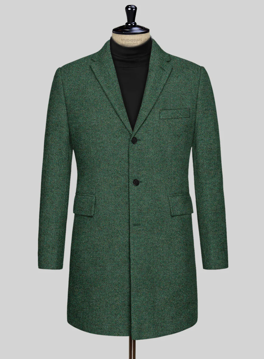 Bottle Green Herringbone Tweed Overcoat