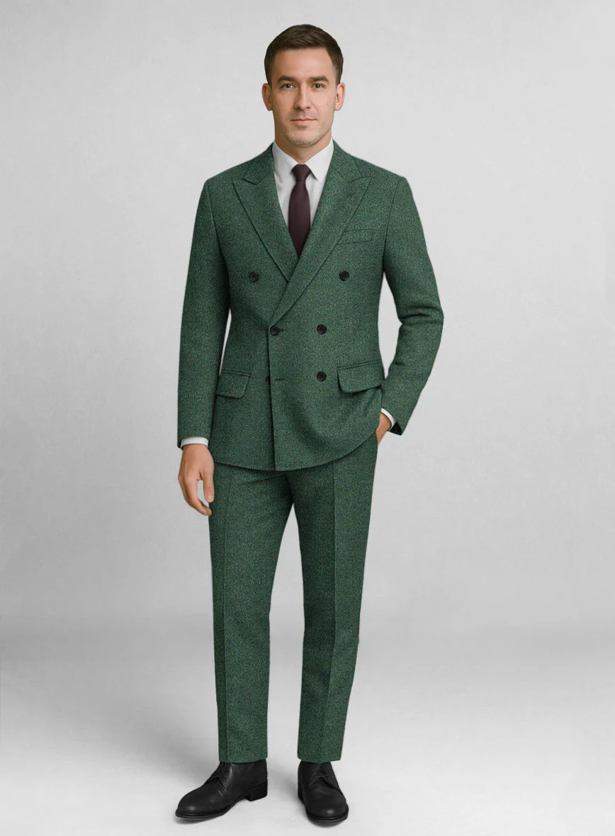 Bottle Green Herringbone Tweed Double Breasted Suit