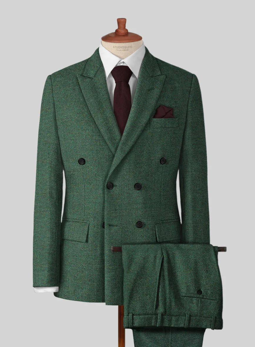Bottle Green Herringbone Tweed Double Breasted Suit - Image 2