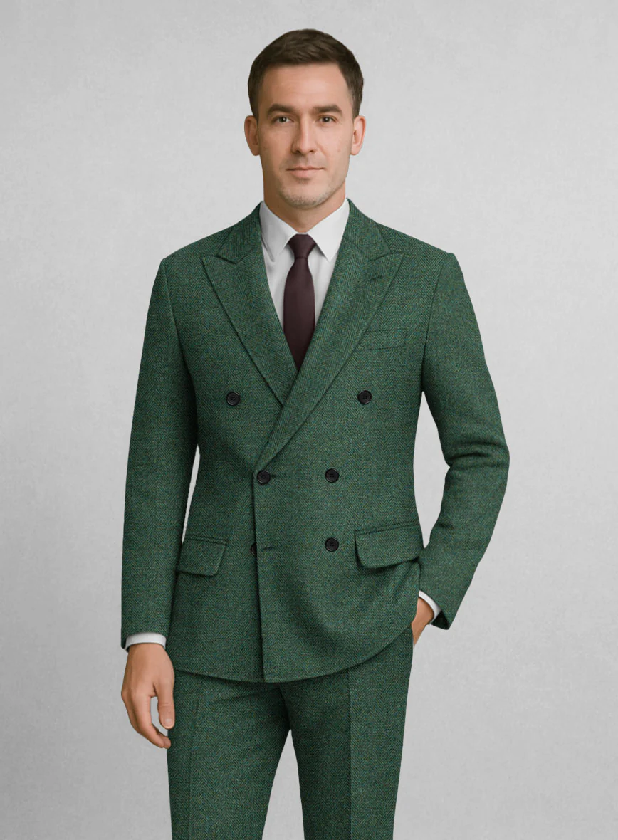 Bottle Green Herringbone Tweed Double Breasted Suit - Image 5