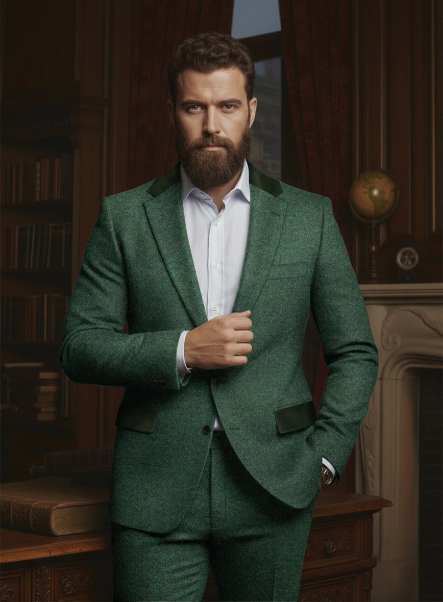 Bottle Green Tweed Suit – Leather Trim Edition - Image 3