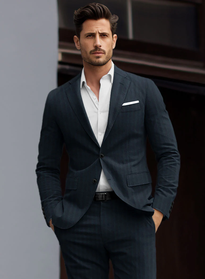 Caccioppoli Herringbone Blue Cotton Suit - Image 4
