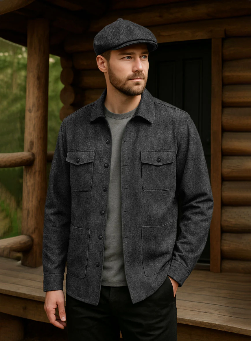 Charcoal Herringbone Tweed Overshirt
