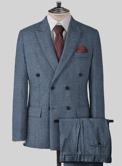 Classic Blue Denim Tweed Double Breasted Suit