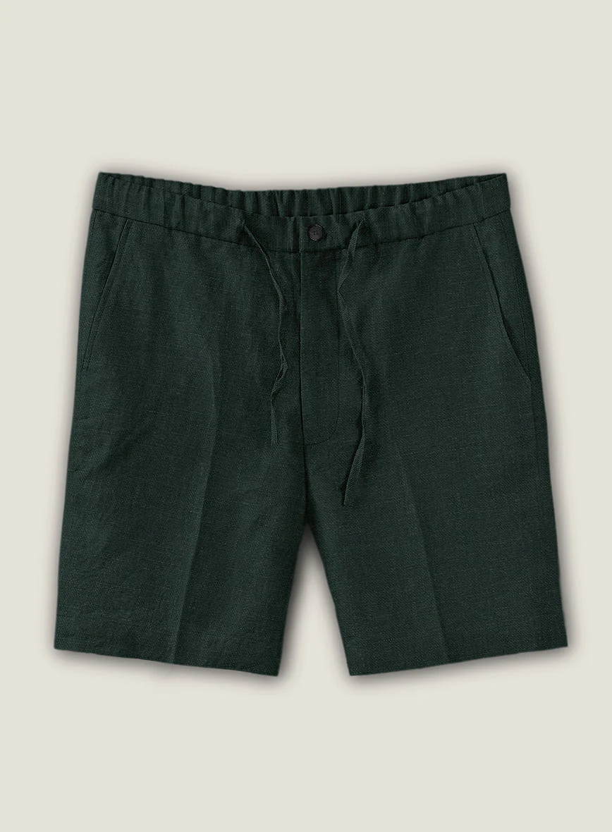 Dark Bottle Green Linen Shorts