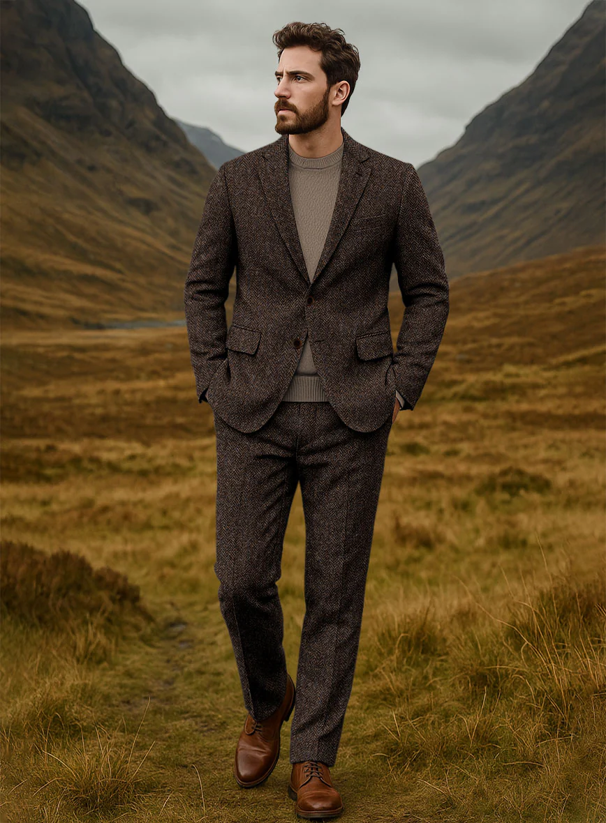 Harris Tweed Dark Brown Herringbone Suit