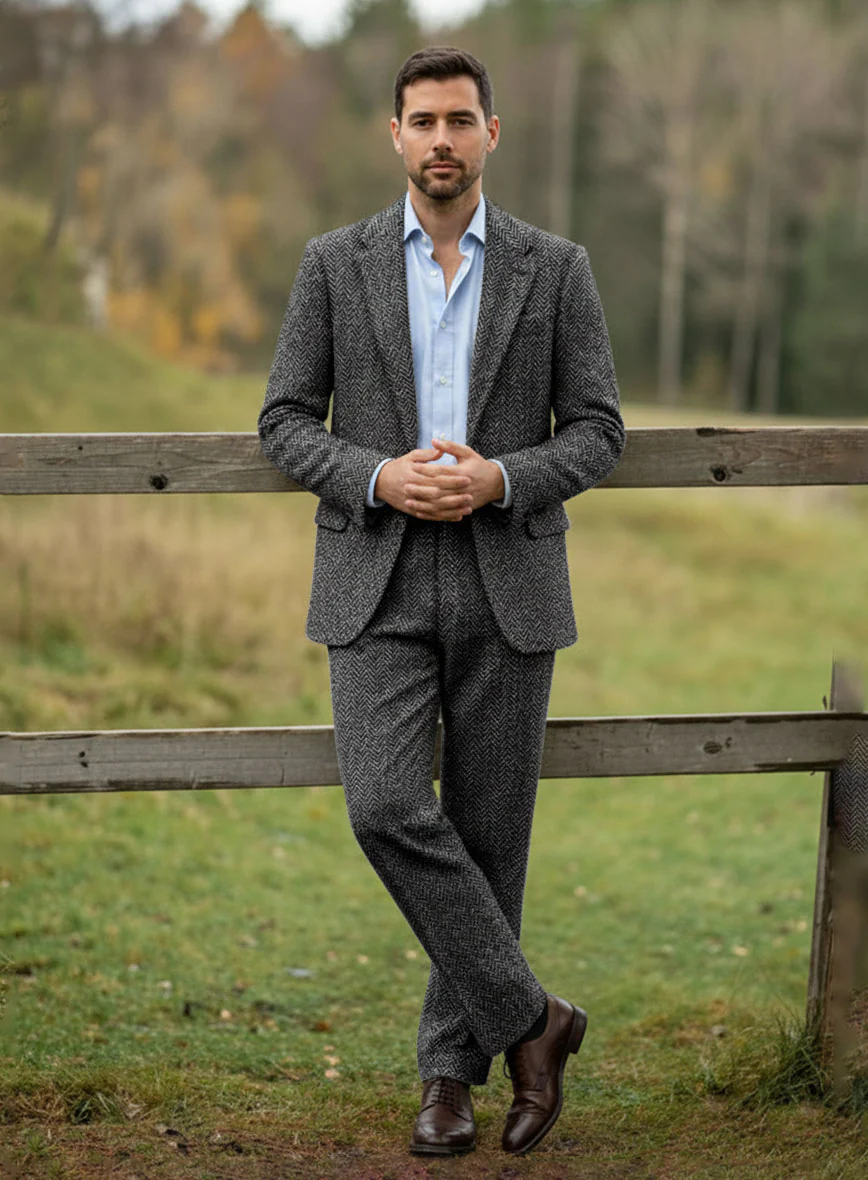 Harris Tweed Dark Gray Herringbone Suit