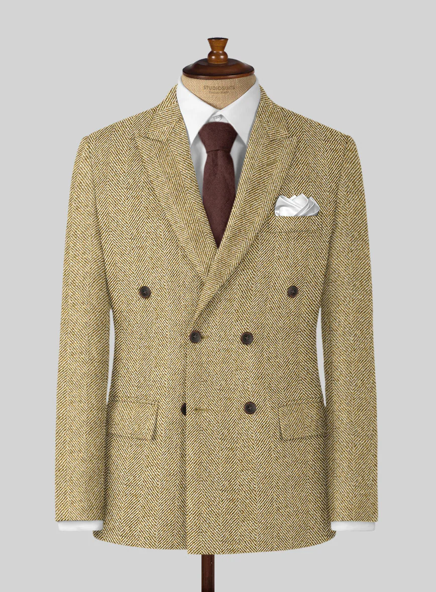 Highlander Heavy Beige Herringbone Tweed Double Breasted Jacket