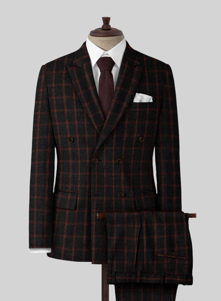 Highlander Heavy Black Check Tweed Double Breasted Suit