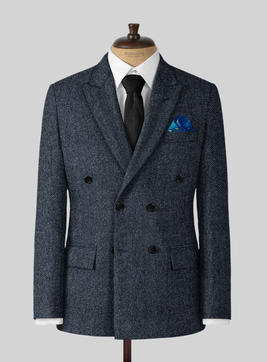 Highlander Heavy Blue Herringbone Tweed Double Breasted Jacket