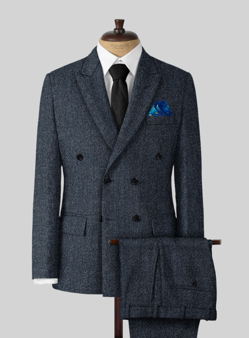 Highlander Heavy Blue Herringbone Tweed Double Breasted Suit