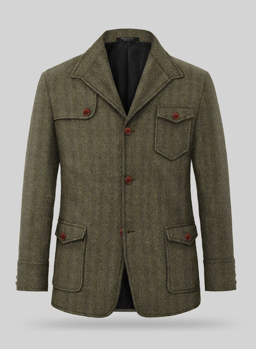 Highlander Olive Herringbone Hunter Style Tweed Jacket