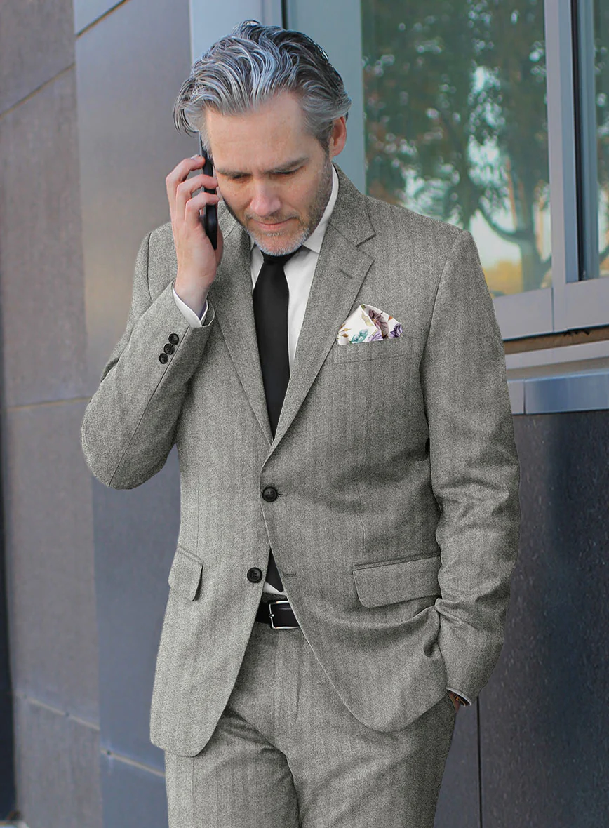 Italian Light Gray Herringbone Flannel Suit - Image 4