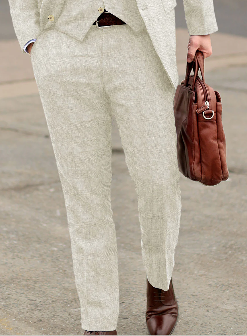 Italian Prato Beige Glen Linen Pants - Image 2