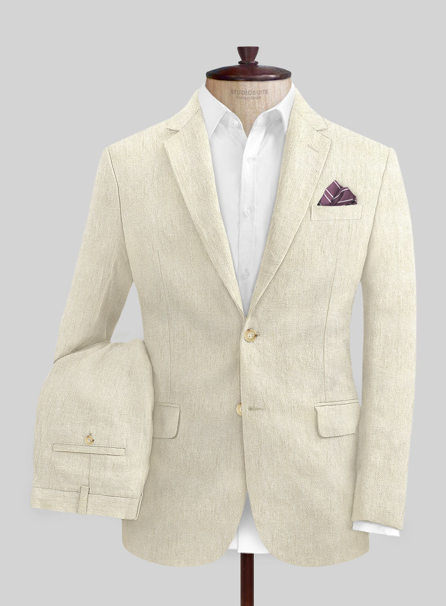 Italian Prato Beige Herringbone Linen Suit