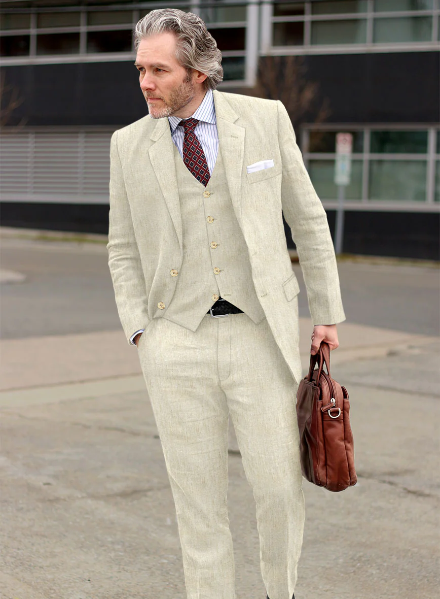 Italian Prato Beige Herringbone Linen Suit - Image 2