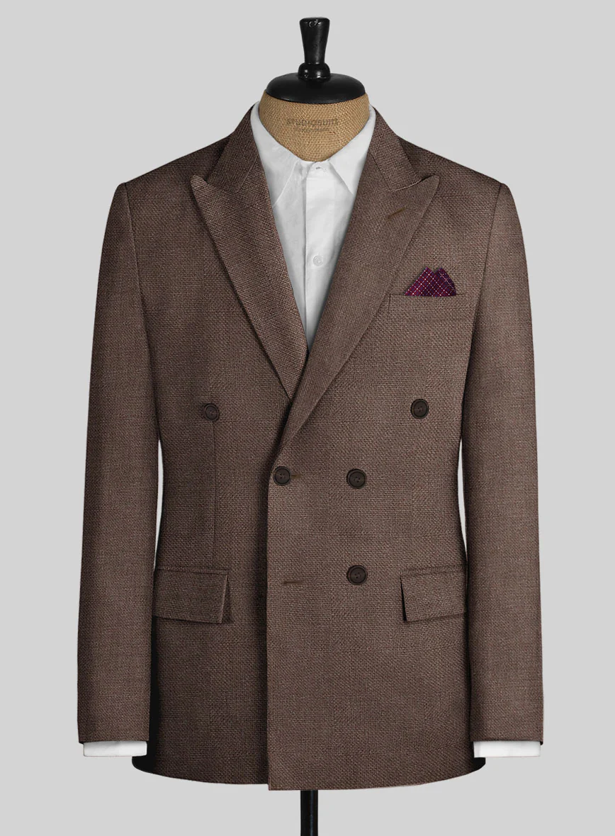 Italian Prato Brown Dobby Linen Double Breasted Jacket
