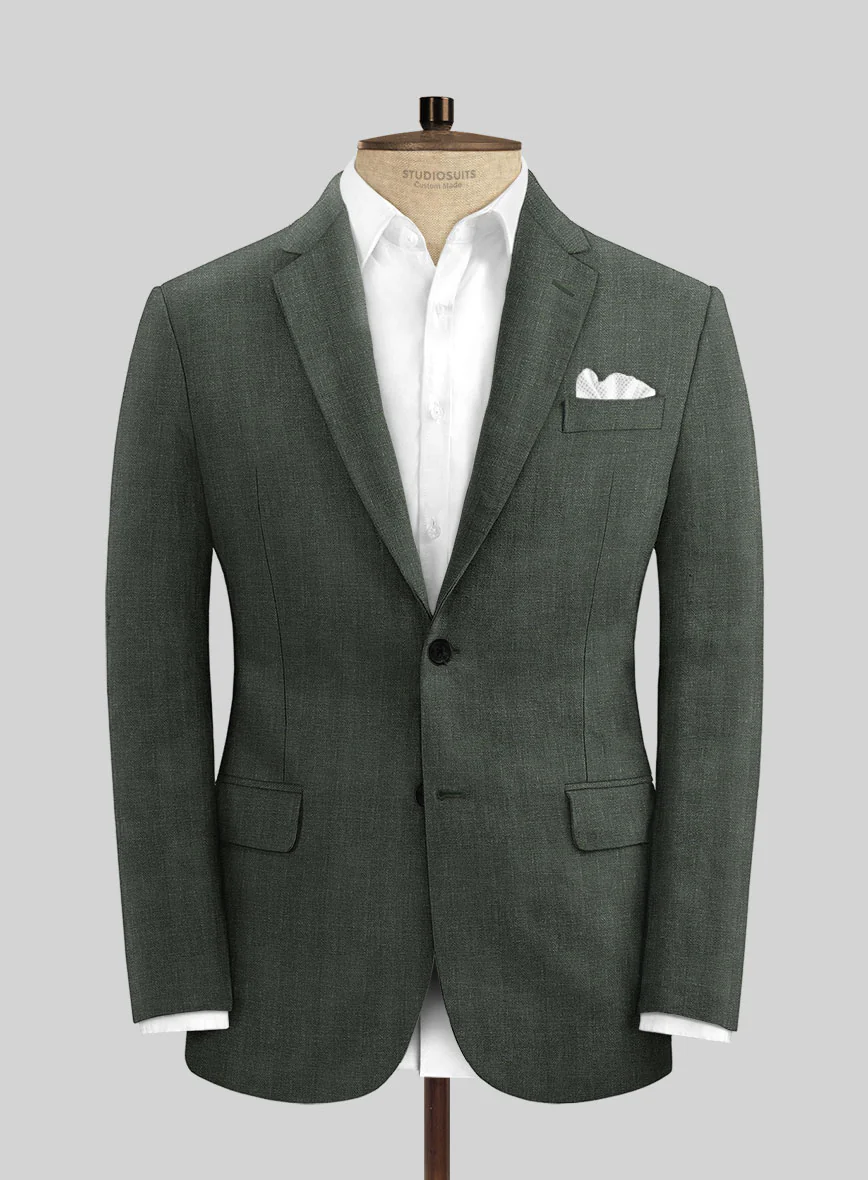 Italian Prato Olive Green Herringbone Linen Jacket