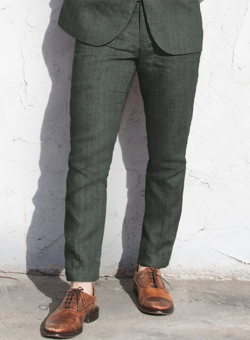 Italian Prato Olive Green Herringbone Linen Pants - Image 2
