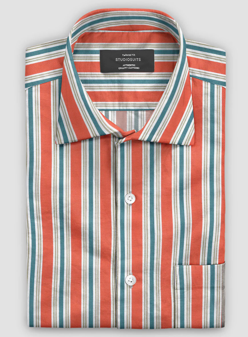 Italian Striped Neon Peach Summer Linen Shirt