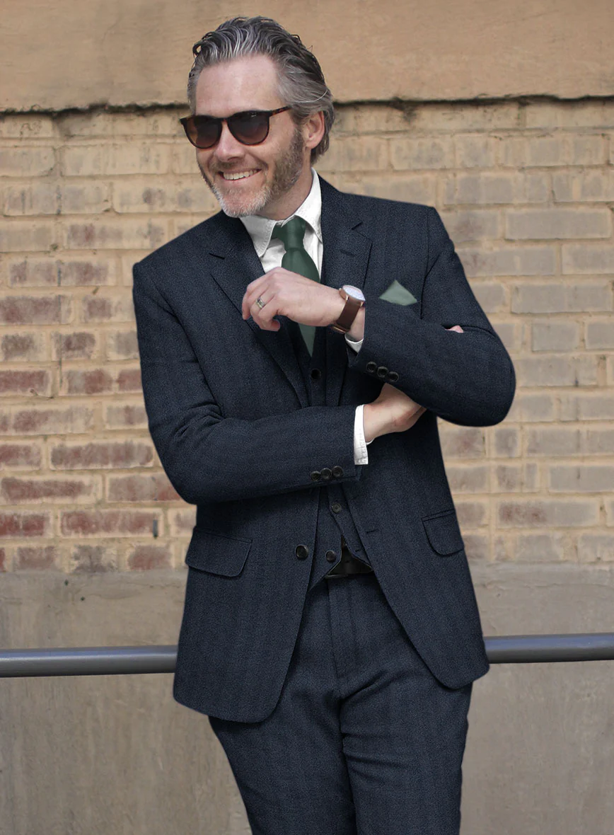 Italian Wide Herringbone Blue Tweed Jacket - Image 3