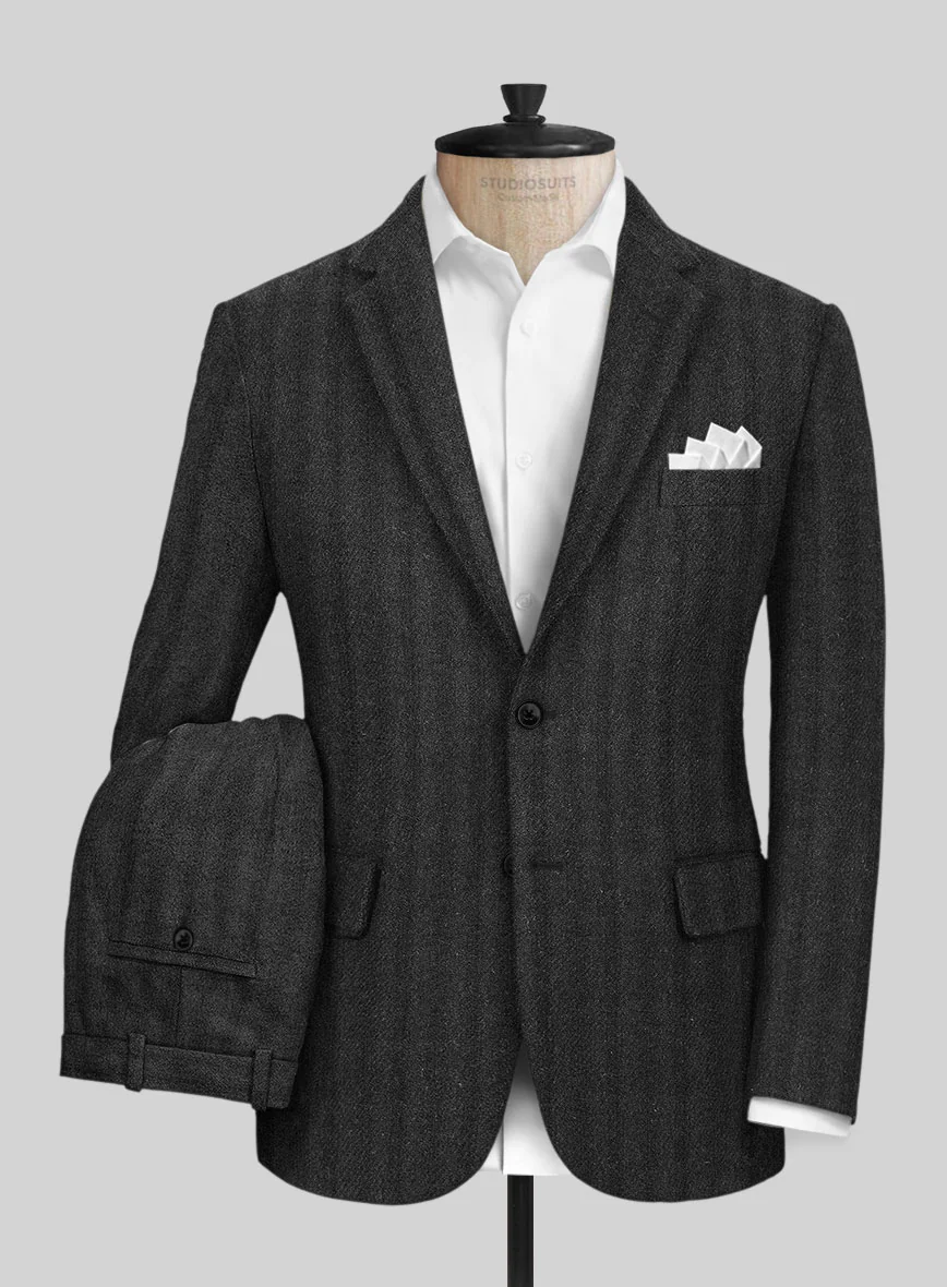 Italian Wide Herringbone Charcoal Tweed Suit - Image 2