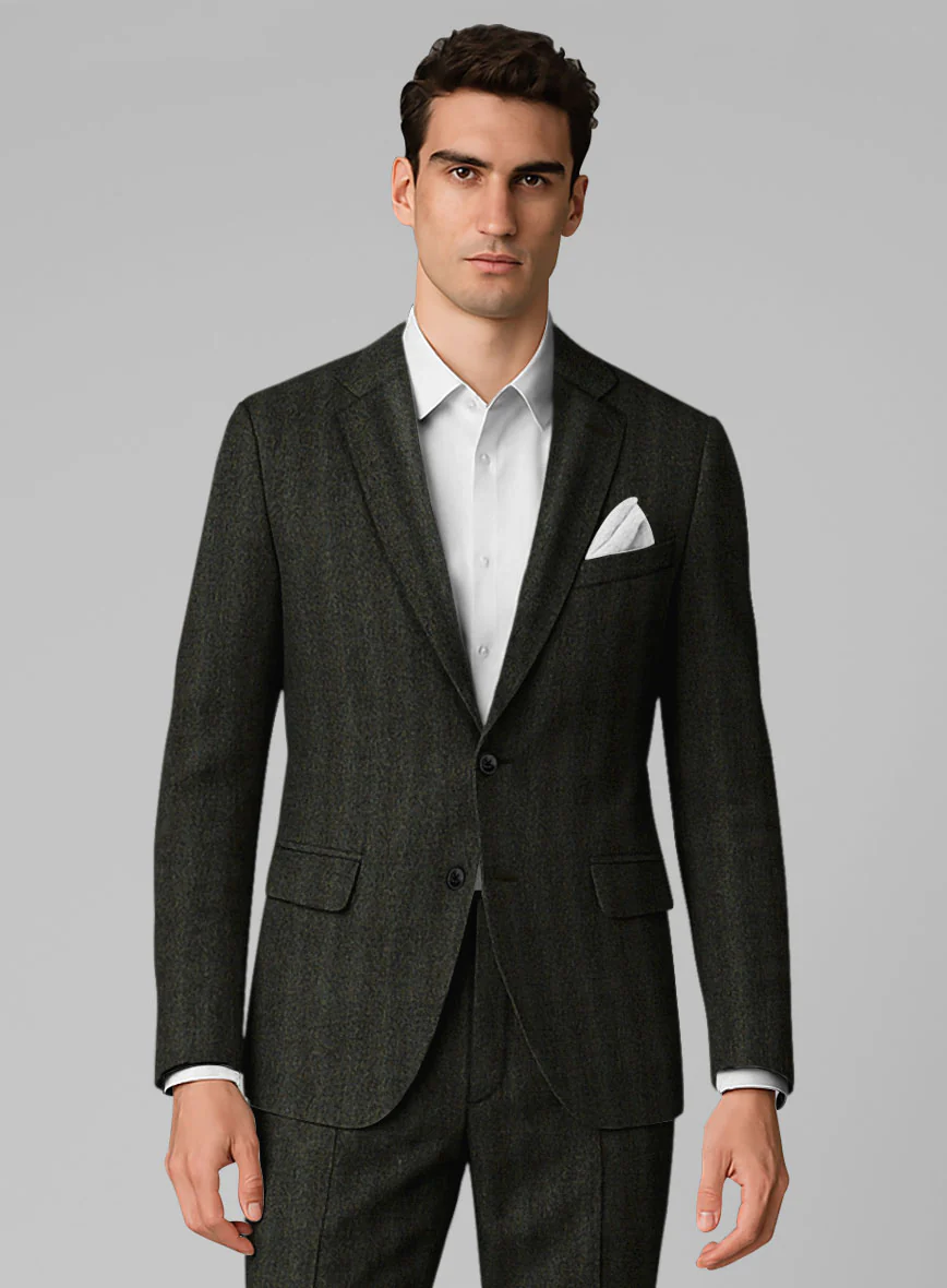 Italian Wide Herringbone Dark Green Tweed Suit - Image 4