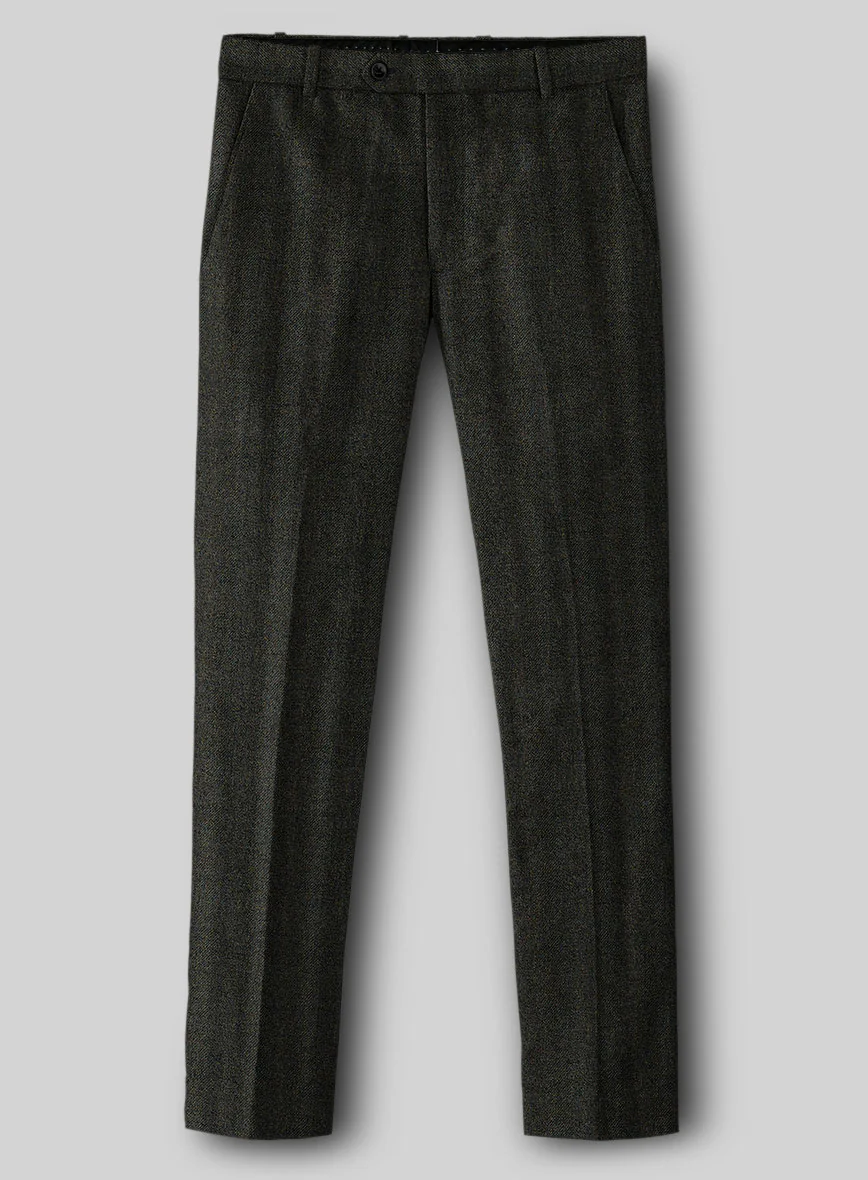 Italian Wide Herringbone Dark Green Tweed Pants