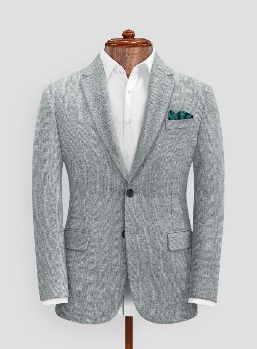 Italian Wide Herringbone Light Blue Tweed Jacket