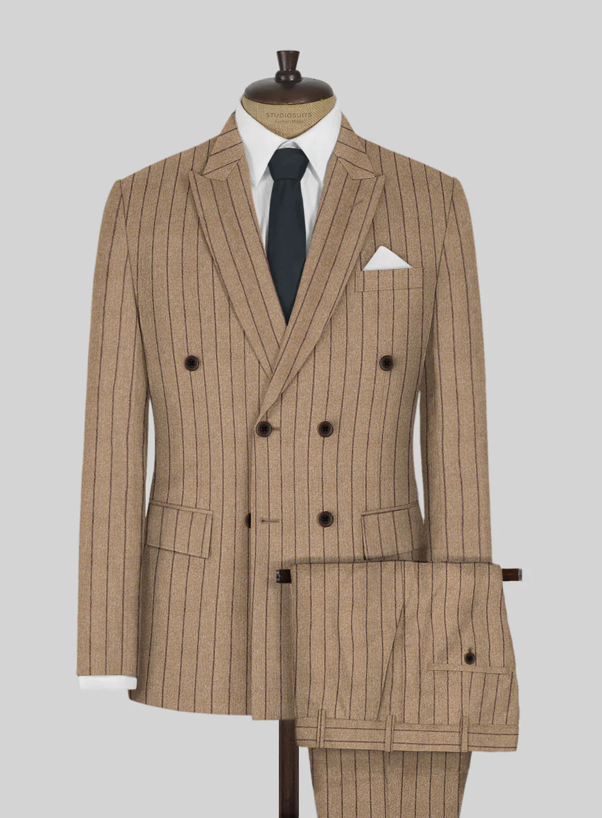 Italian Wool Cashmere Brown Stripe Double Breasted Suit