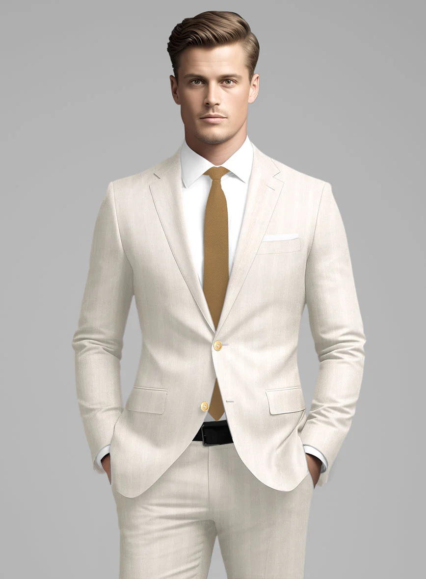London Loom Beige Herringbone Wool Silk Linen Jacket - Image 2