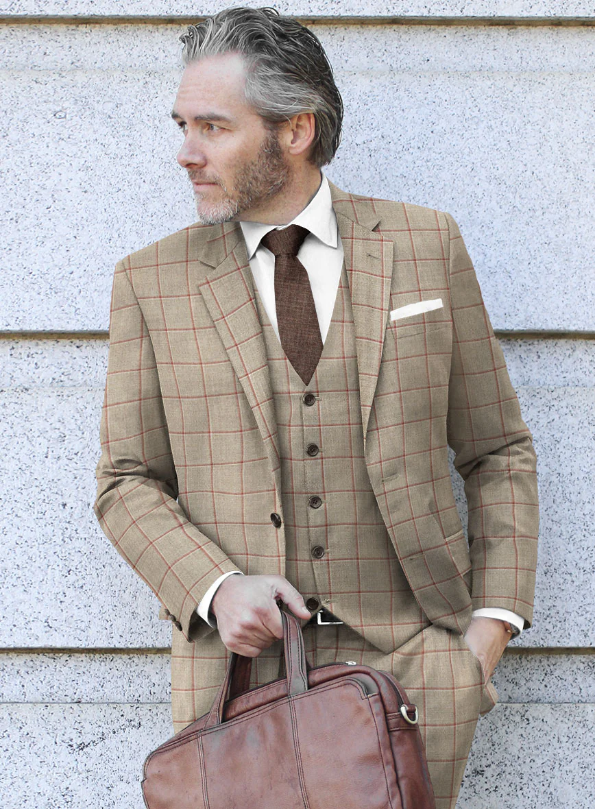 London Loom Beige Windowpane Wool Silk Linen Jacket - Image 2