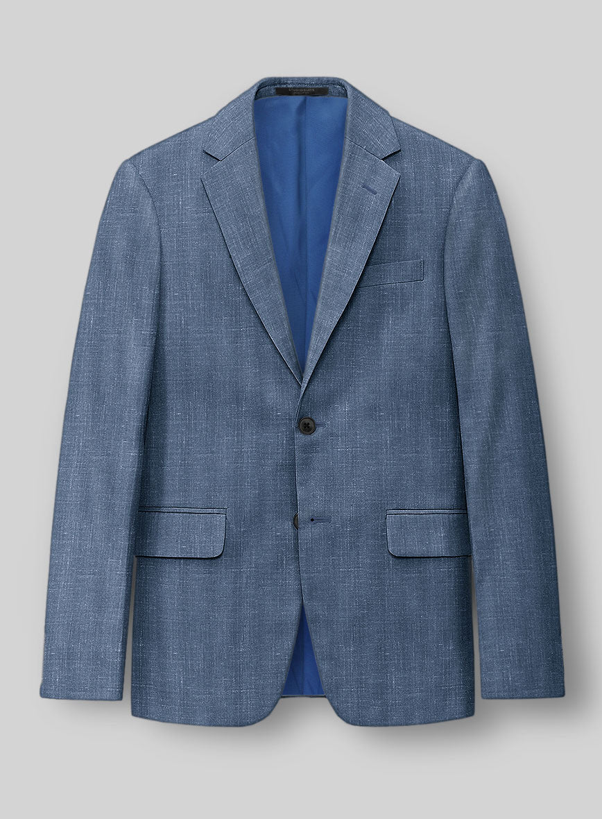 London Loom Blue Herringbone Wool Silk Linen Jacket