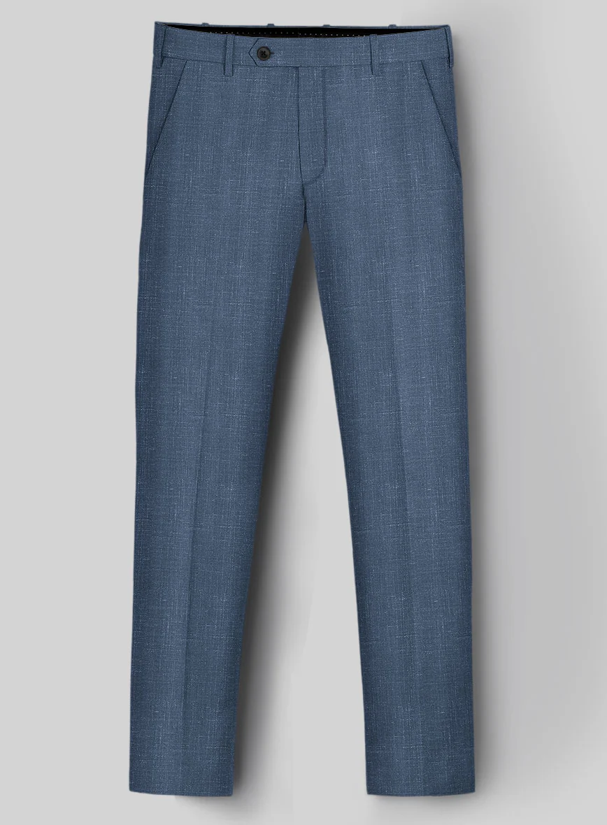 London Loom Blue Herringbone Wool Silk Linen Pants