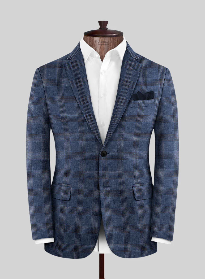 London Loom Dark Blue Check Wool Silk Linen Suit - Image 5