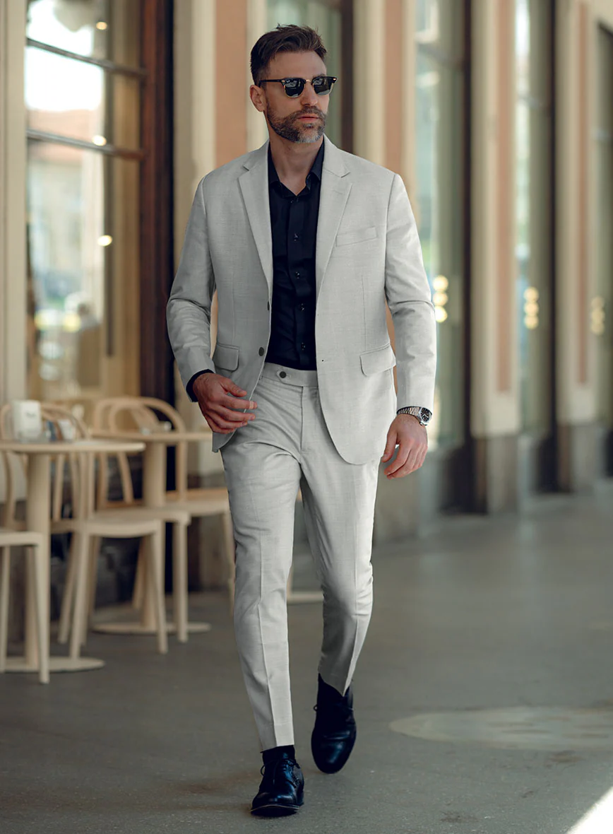 London Loom Gray Herringbone Wool Silk Linen Suit