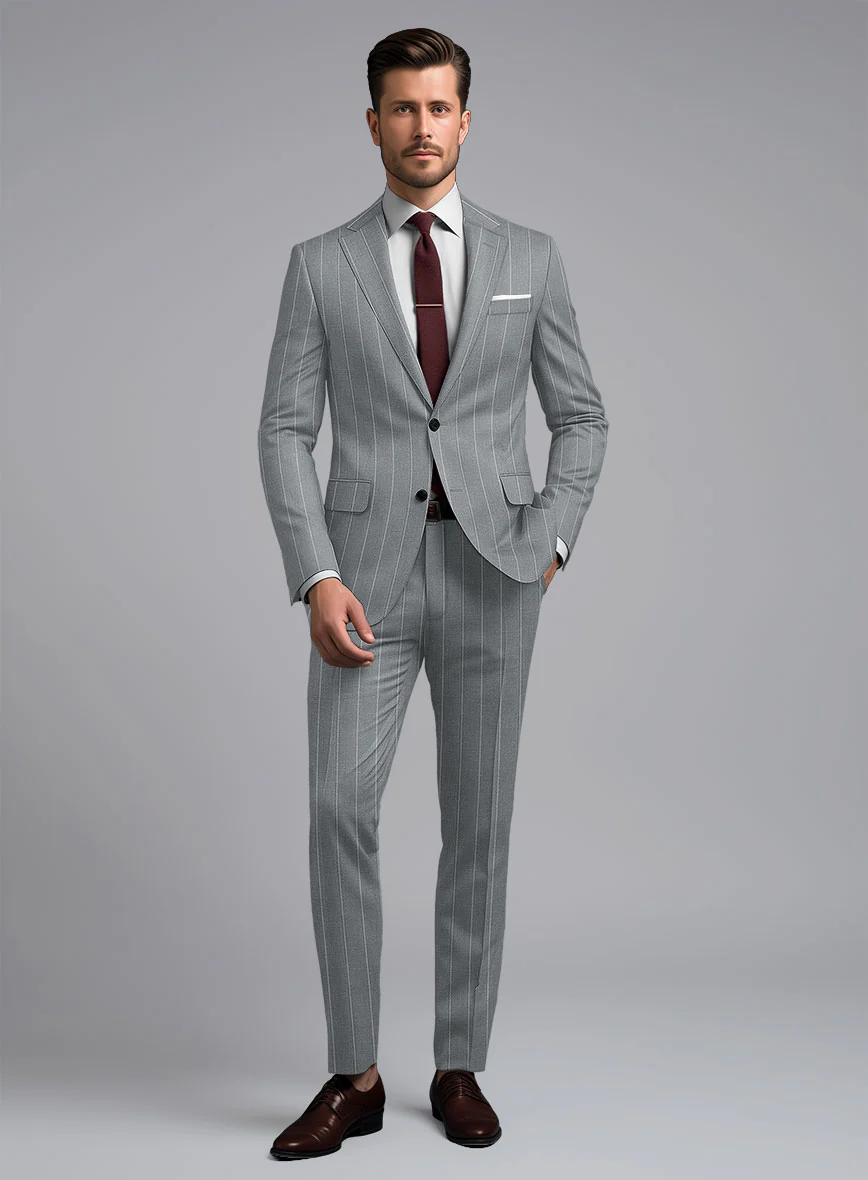 London Loom Gray Stripe Wool Silk Linen Suit