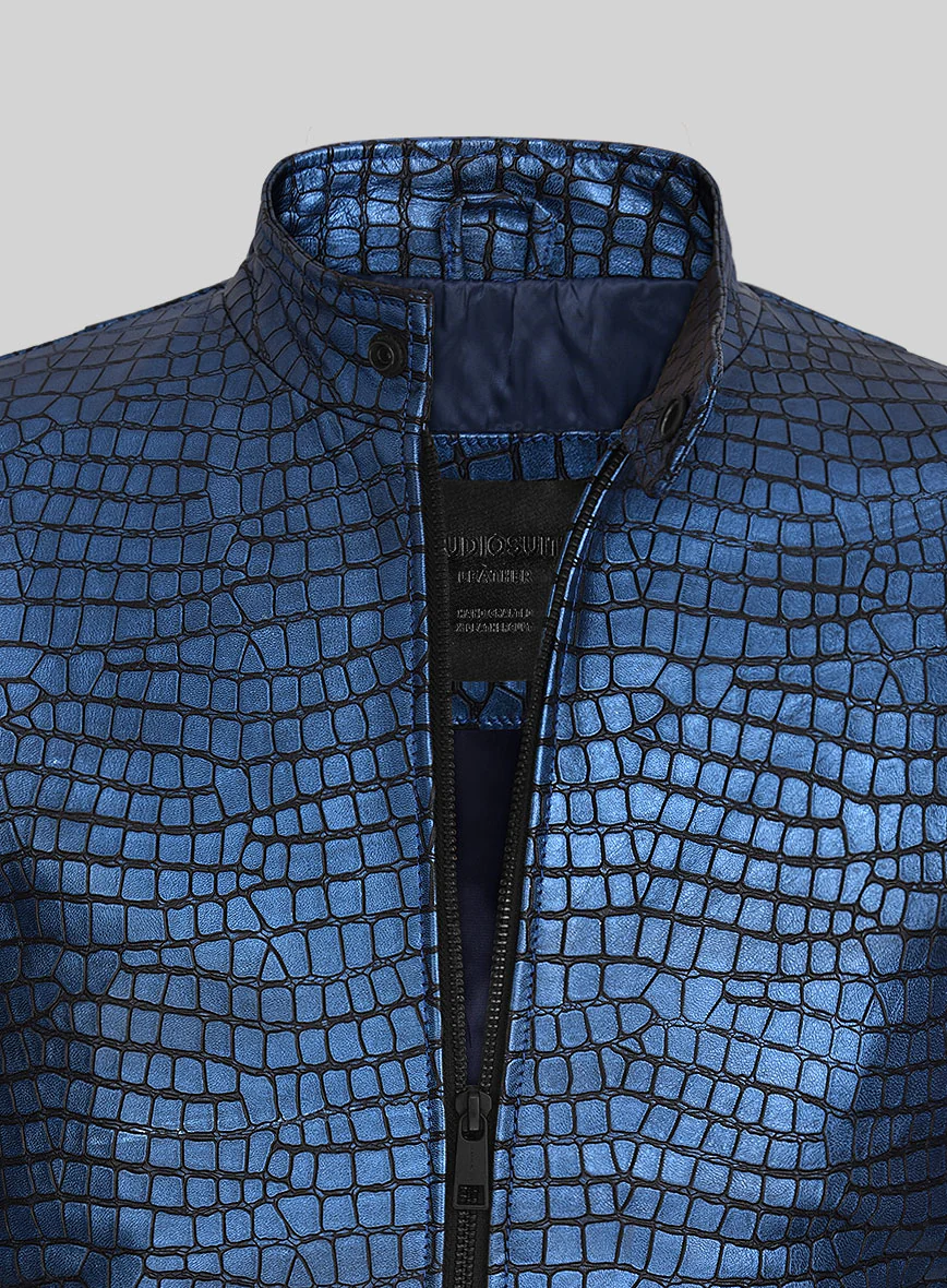 Lustrous Croc Metallic Blue Leather Jacket - Image 2