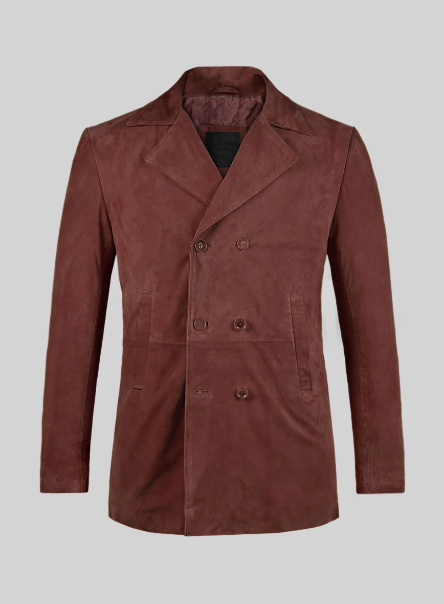 Mahogany Brown Suede Leather Pea Coat