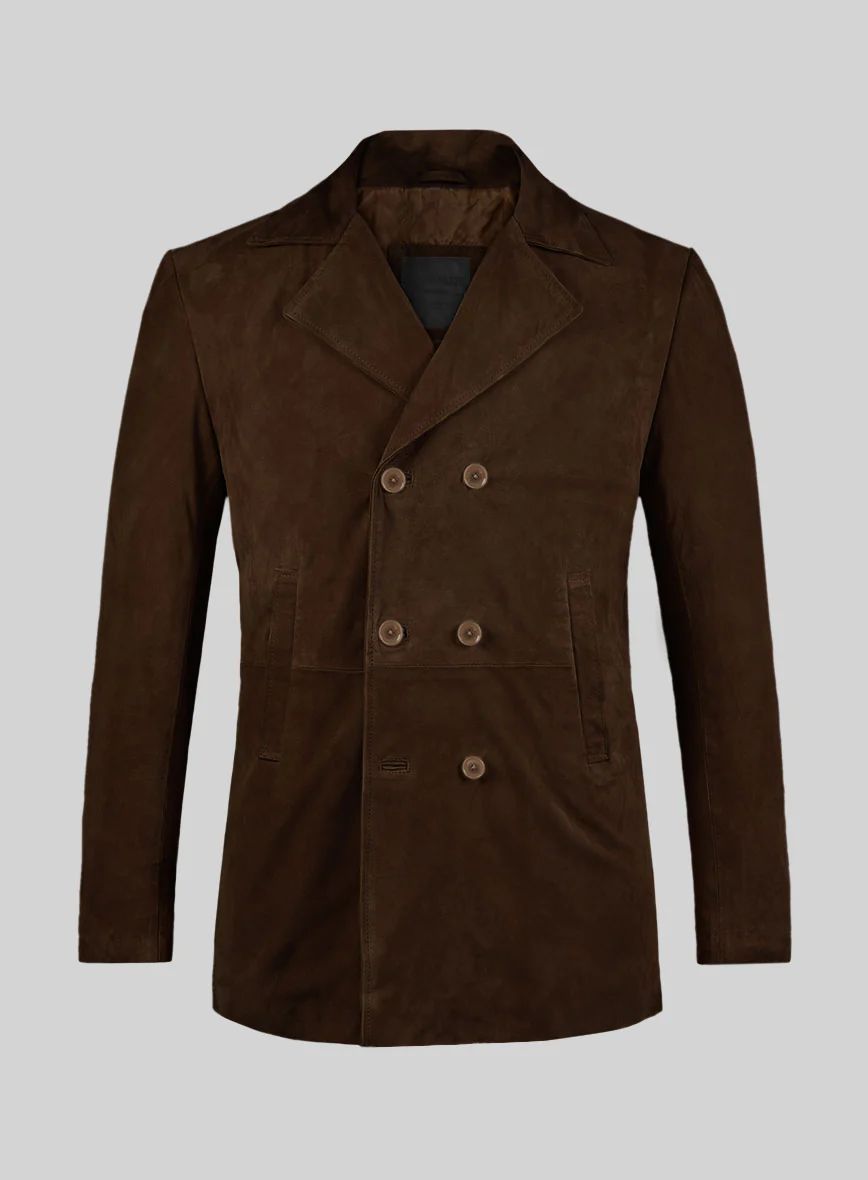 Mid Brown Suede Leather Pea Coat