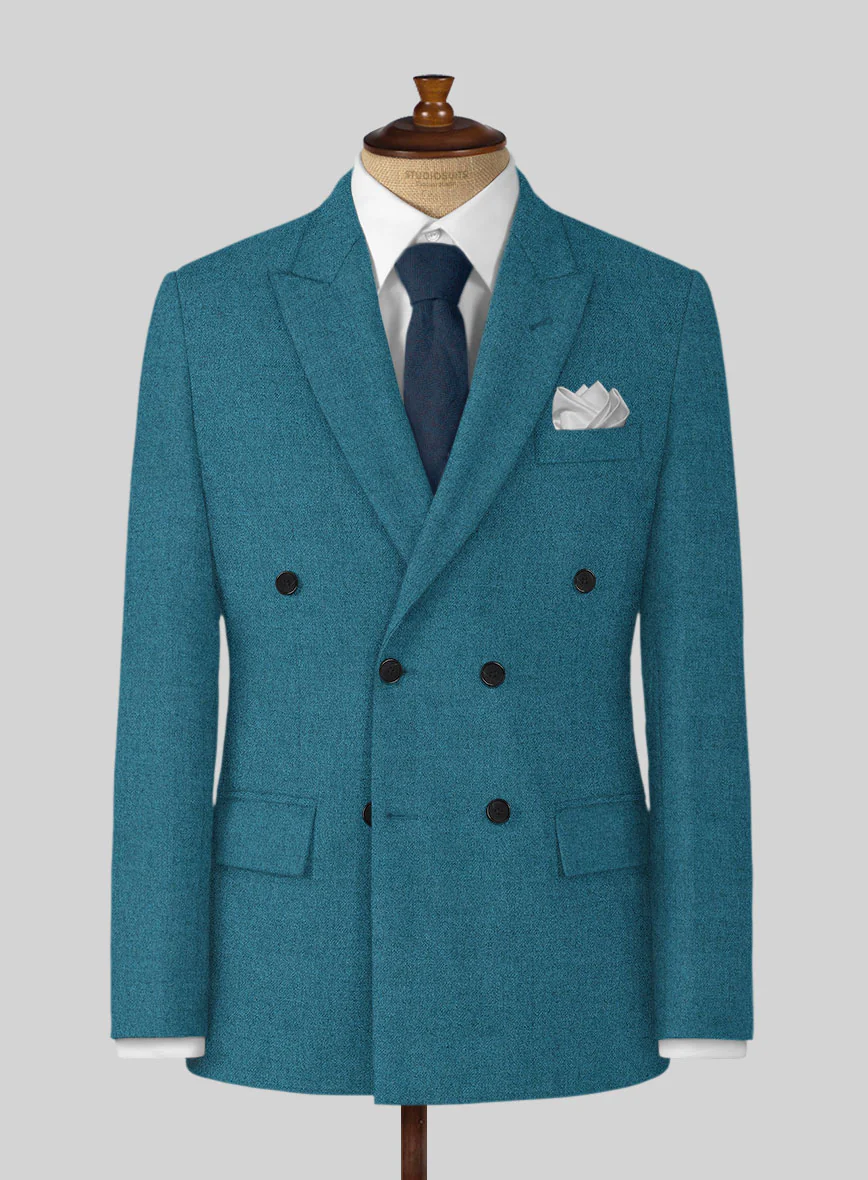Naples Teal Blue Tweed Double Breasted Jacket