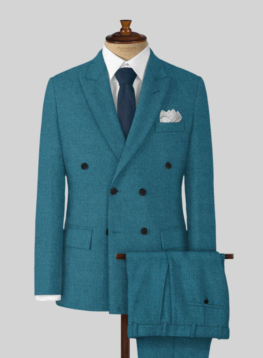 Naples Teal Blue Tweed Double Breasted Suit
