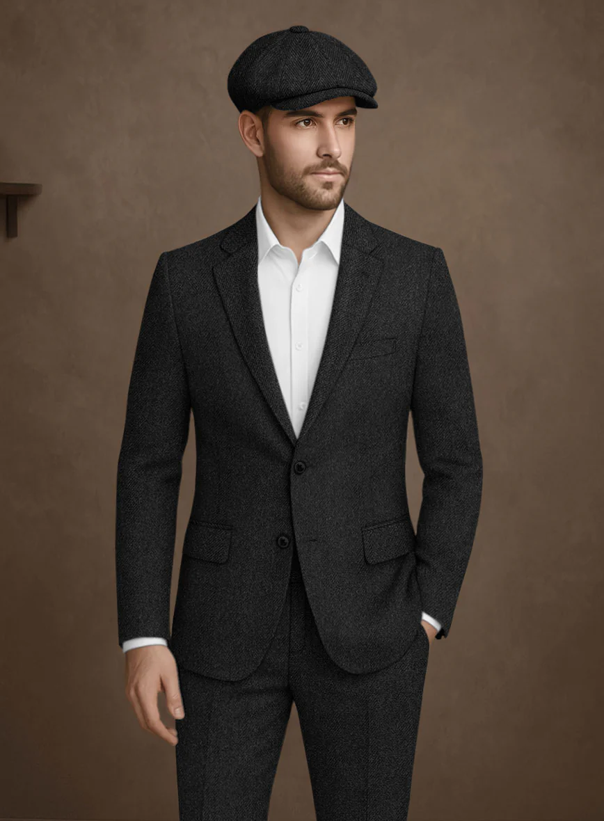 Naples Wide Herringbone Charcoal Tweed Jacket - Image 2