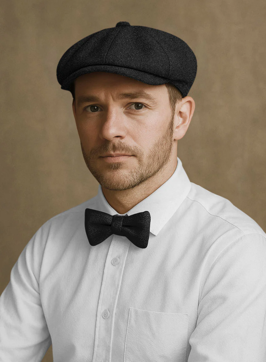 Naples Wide Herringbone Charcoal Tweed Newsboy Cap - Image 2