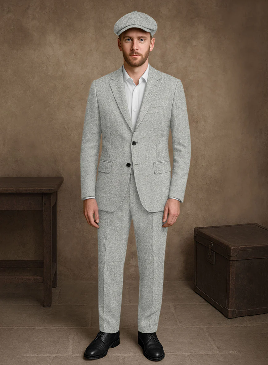 Naples Wide Herringbone Light Gray Tweed Suit