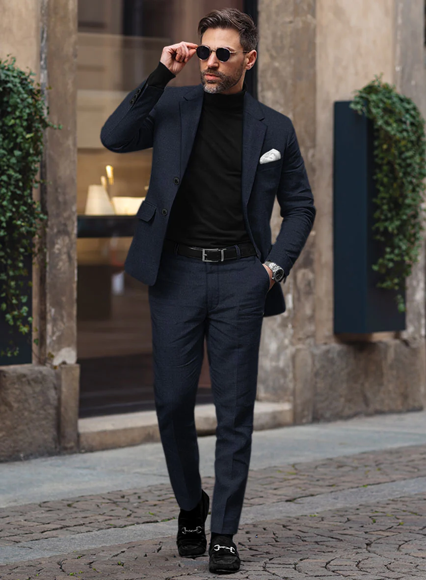 Noble Dark Blue Wool Silk Linen Suit