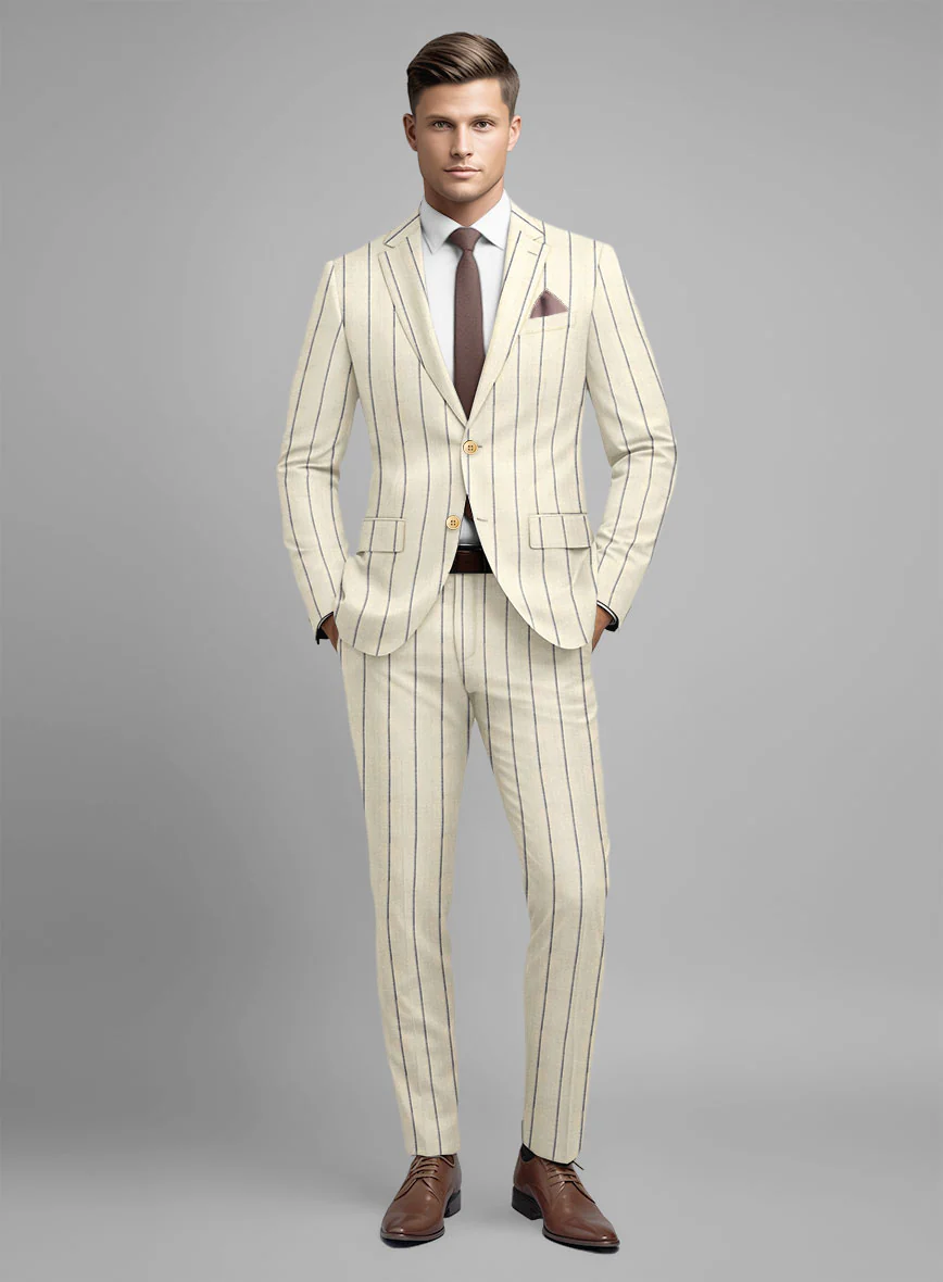 Noble Rosaria Cream Stripe Cotton Silk Linen Suit