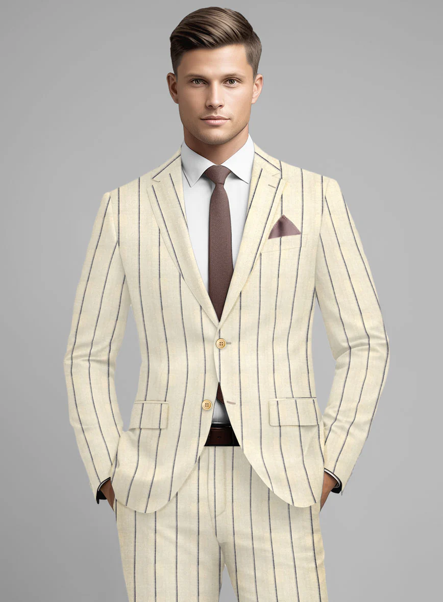 Noble Rosaria Cream Stripe Cotton Silk Linen Suit - Image 3