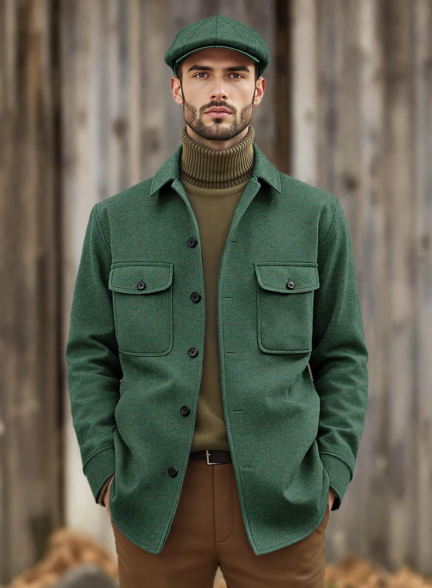 Nomad Bottle Green Herringbone Tweed Shirt