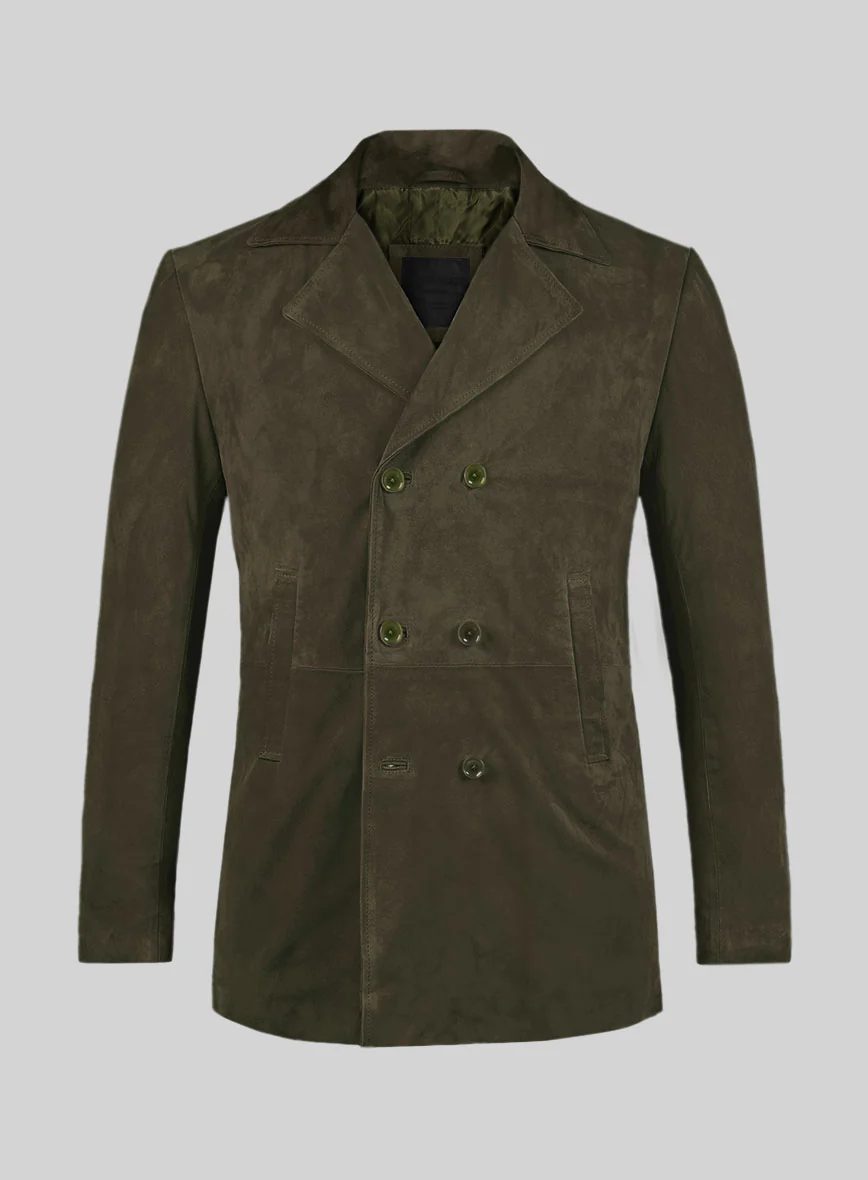 Olive Green Suede Leather Pea Coat